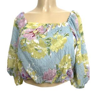 Calypso St Barth Cropped Top Blouse Square Neck Balloon 3/4 Sleeve Floral S